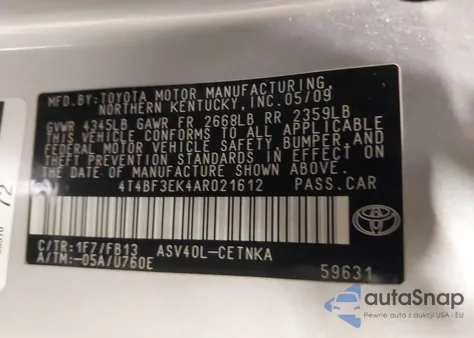 2010 Toyota Camry Le из США, поврежденный, VIN 4T4BF3EK4AR021612